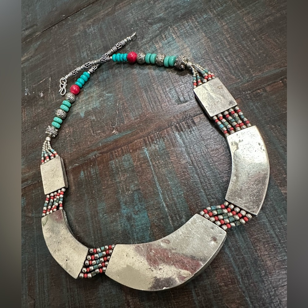Turquoise and Coral Silver Tibetan Antique Look Necklace Jewelry Beads NEW - Picture 3 of 4